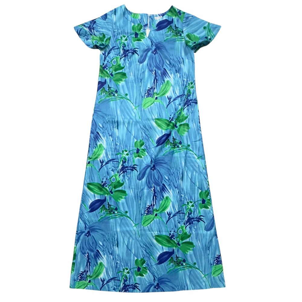 Vtg Keliis of Hawaii Maxi Dress Floral Hawaiian Muumuu Gown Blue Green Size 12